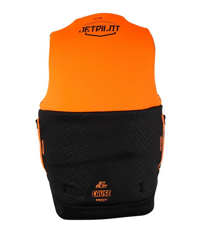 Jetpilot Cause Orange Mens Life Vest back view with S-Grip rubberised shoulder panels for wakeboarding