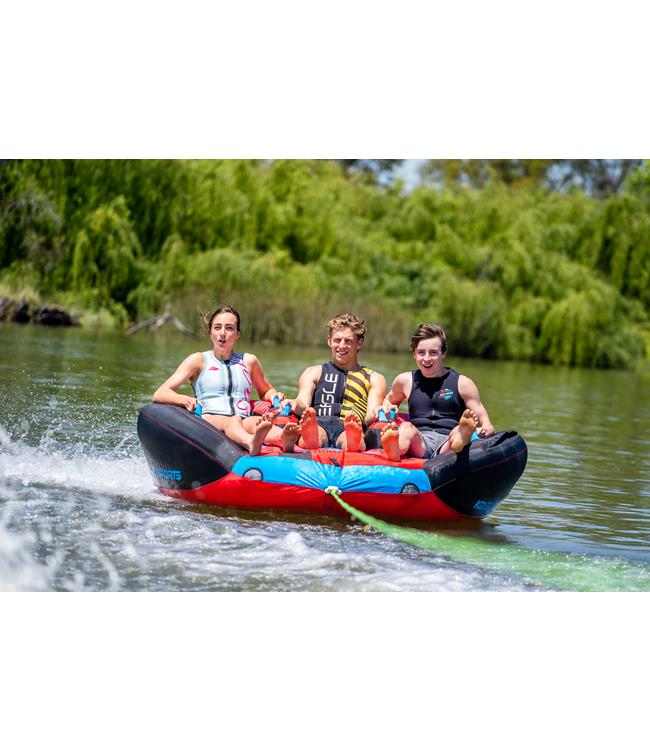 KD Bandwagon 3-person couch ski tube - studio front angle showing six soft-grip handles across the deck
