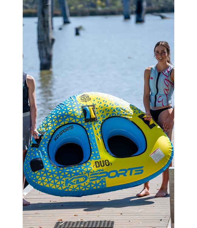KD Duo 2-person ski tube - alternate angle showing partial coverage and 24-gauge PVC bladder