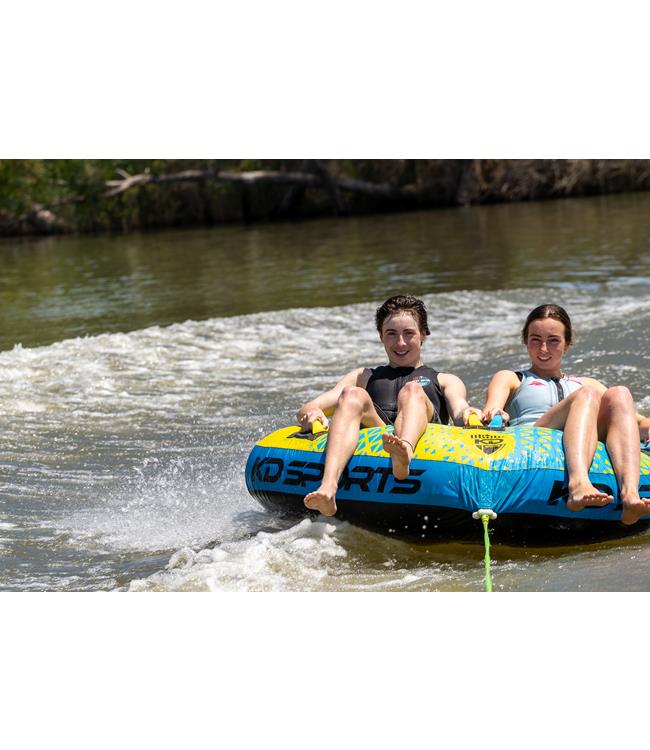 KD Duo 2-person ski tube - studio angle showing four soft-grip handles across the deck