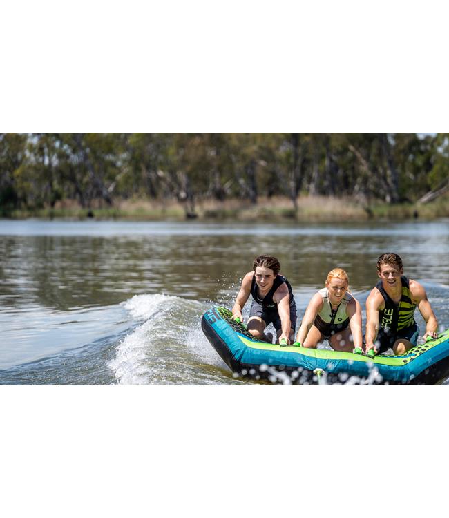 KD Hellcat 3-person wing-style ski tube - underside view showing water drains and base