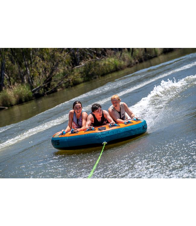 KD Hurricane 3-person flat deck ski tube - alternate angle showing heavy-duty nylon cover
