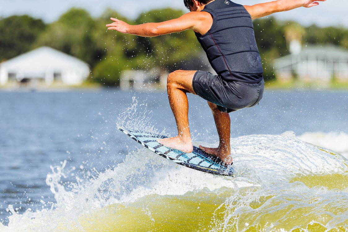 Liquid Force Ace Skim Wakesurfer ridden hands-free after the rider releases the tow handle