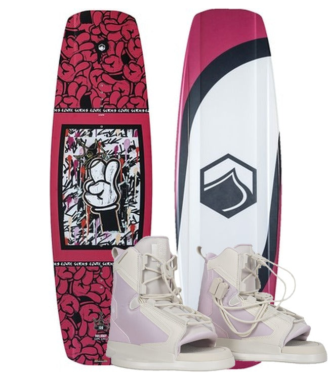 Liquid Force Holiday FS Kids Wakeboard Package with Plush boots shown as a complete setup