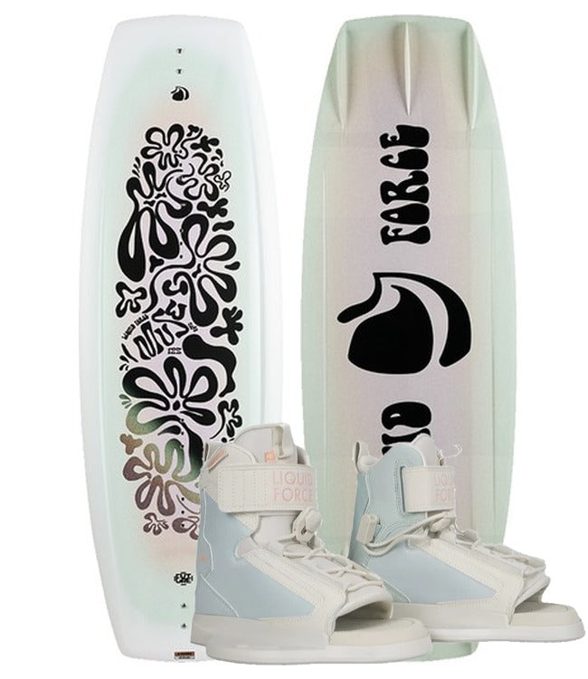 Liquid Force Muse FS Kids Wakeboard Package with Dream boots shown as a complete setup