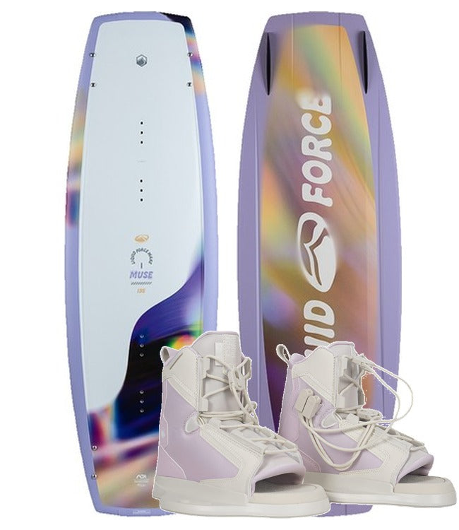 Liquid Force Muse Womens Wakeboard Package with Plush boots shown as a complete setup
