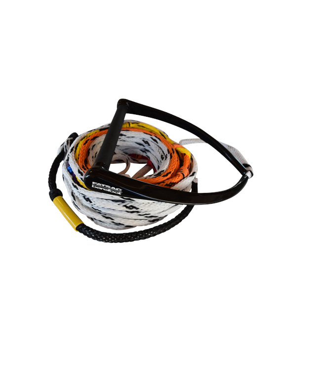 Fatsac Short V Handle & 8 Loop Rope - full package layout for slalom water skiing
