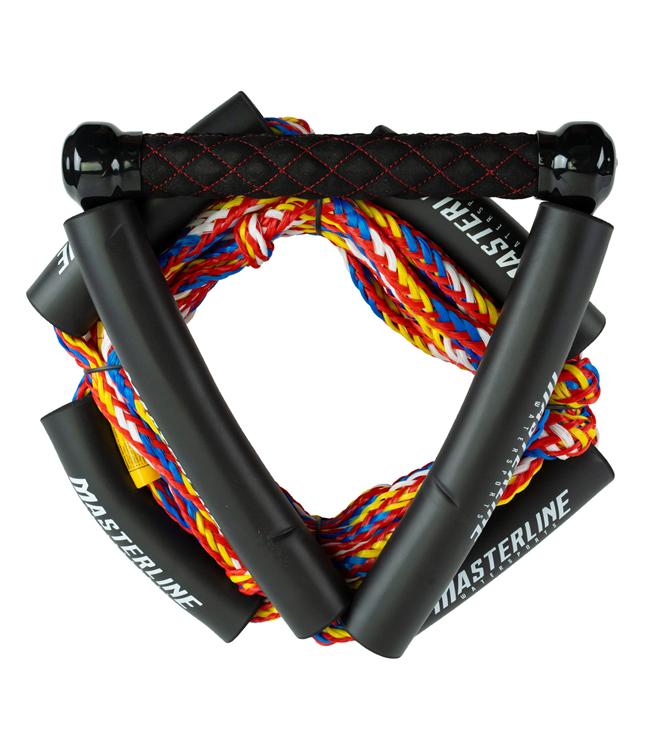Masterline Wakesurf Rope and Handle in Multi - close detail of stitched suede grip and PVC endcap construction