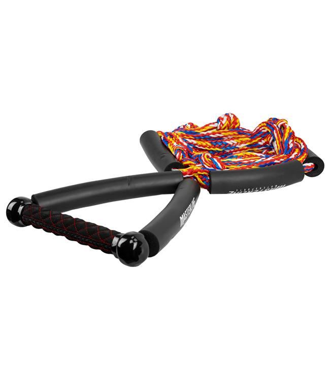 Masterline Wakesurf Rope and Handle in Multi - 24ft braided poly-pro line with 10in suede grip handle laid out flat