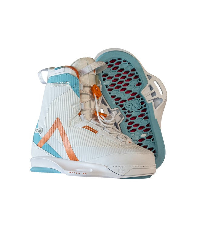 Liquid Force Vertex 6X Wakeboard Boots - studio view of the boot alongside its baseplate