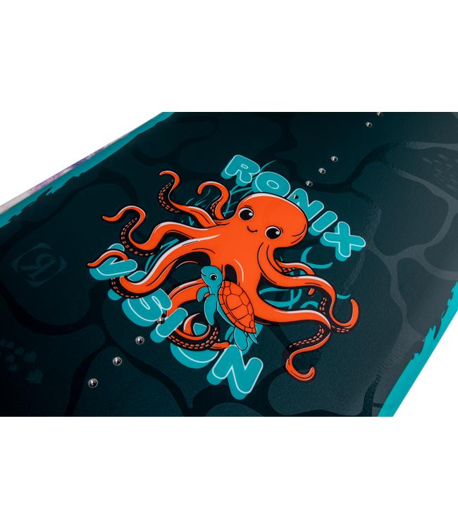 Ronix Vision Boys Wakeboard - close-up of the orange cartoon octopus printed on the teal deck