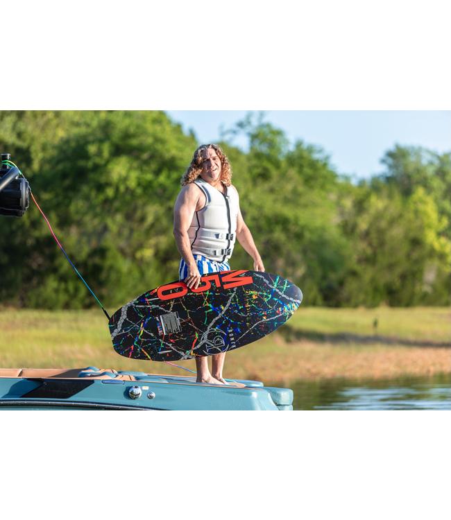Ronix M50 Dark Matter Wakesurfer - rider standing on the boat platform holding the board