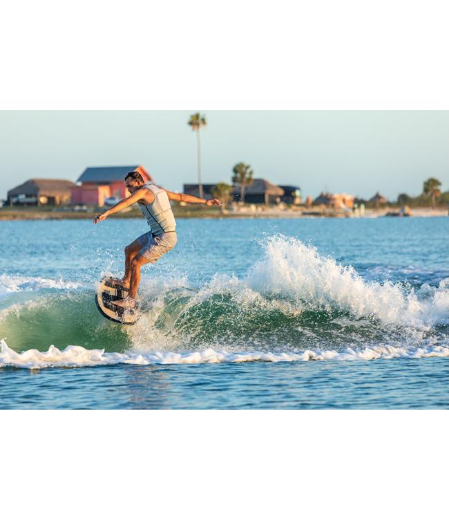 Ronix Fish Koal Classic Wakesurfer - rider trimming down the line with arms out for balance