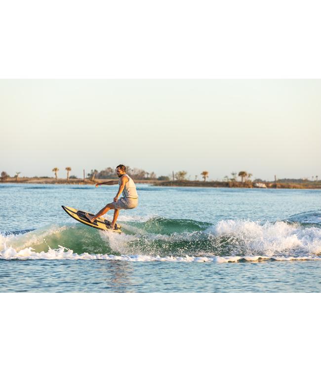 Ronix Fish Koal Classic Wakesurfer - rider carving across the wave face with palms on the shore