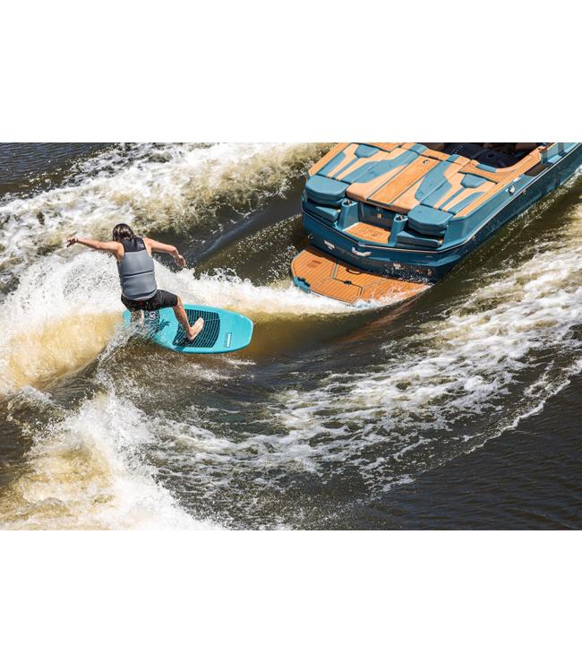 Ronix Takeoff Marsh Mellow Wakesurfer - rider carving beside the boat on churned brown water