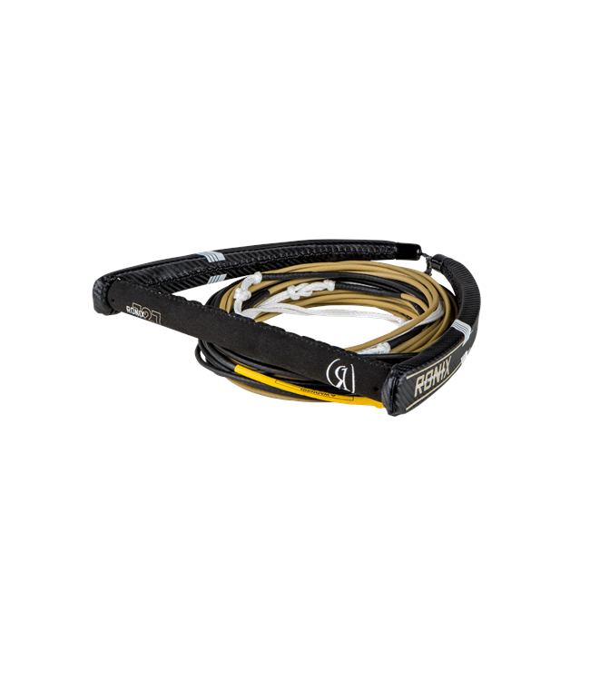 Ronix 727 Pro Foil Rope and Handle - side angle view of 77.5ft Dyneema mainline and 14in synthetic carbon handle