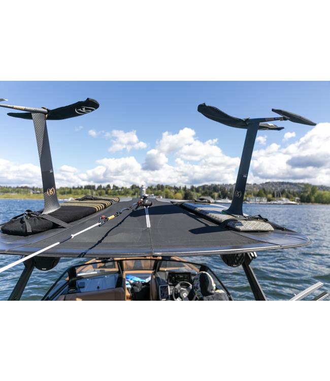 Ronix Recon Bimini Quick Connect Surf Rope - lifestyle shot showing rope clipped to bimini edge for surf use