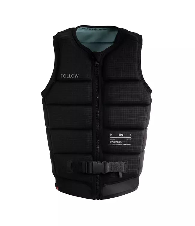 Follow P1 Traction Black Mens Life Vest - front view of Level 50S certified recycled polyester panels