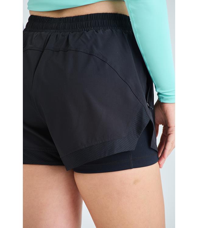 Jetpilot Corp Black Womens Elastic Waist Rideshorts back pocket close-up with branded label tab