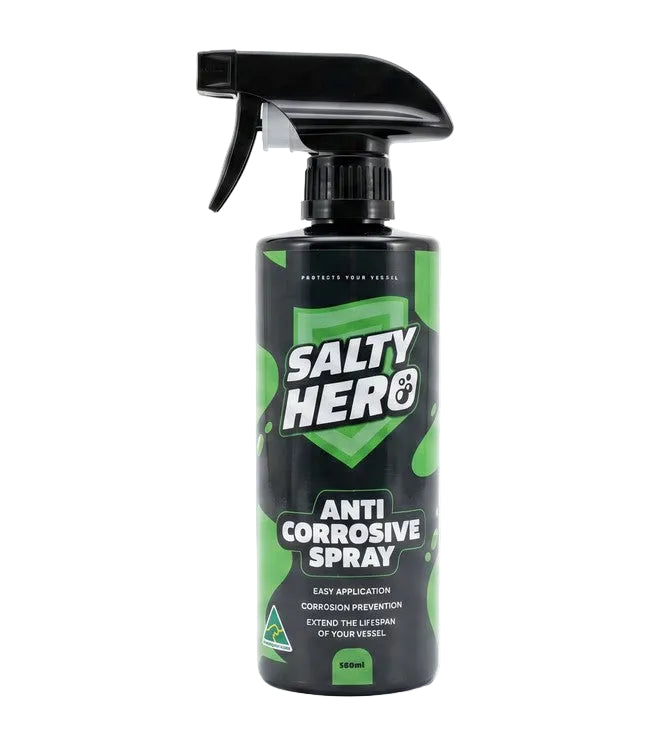A bottle of Salty Hero Anti Corrosive Spray with a black trigger sprayer and a black and green label, shown on a plain white background.
