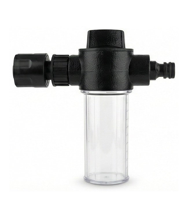 A black and clear plastic inline filter with a transparent cylindrical chamber and black fittings on both ends, shown on a white background.