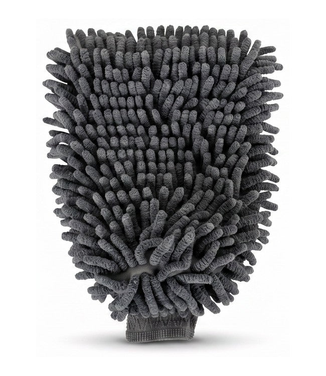 A dark gray microfiber cleaning glove with a textured, looped surface and a ribbed wrist strap, shown against a plain white background.