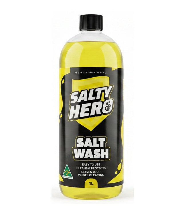 A 1L bottle of Salty Hero Salt Wash for boat and vessel cleaning, filled with bright yellow liquid and featuring a black cap on a white background.