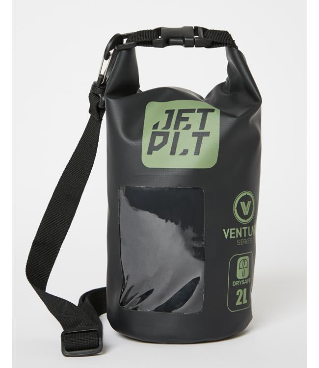 Jetpilot Venture 2L Black Waterproof Bag front view showing compact tarpaulin shell and roll-top closure
