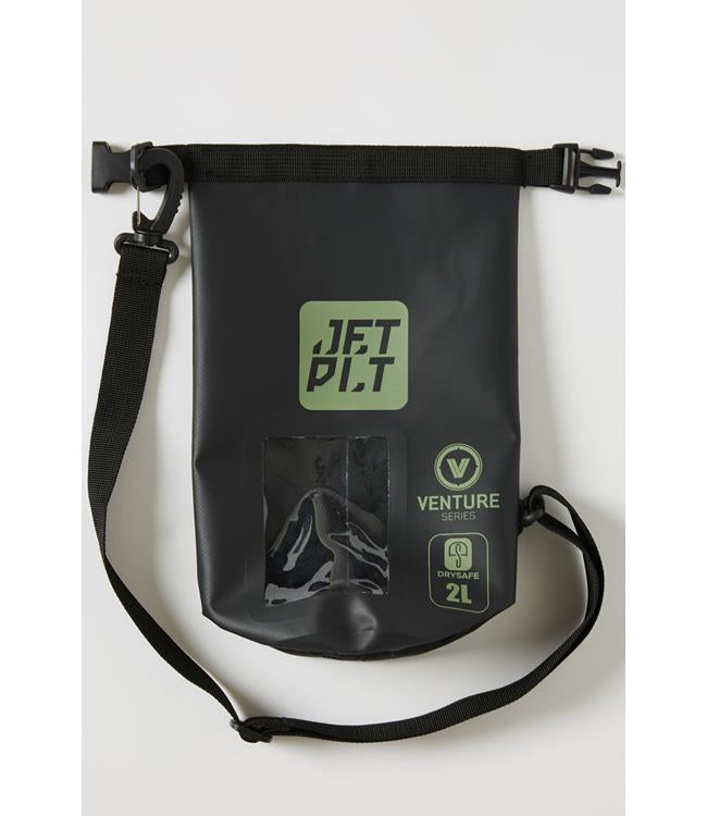 Jetpilot Venture 2L Black Waterproof Bag rear view showing carry handle and buckle hardware
