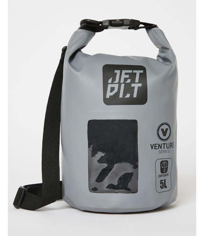 Jetpilot Venture 5L Grey Waterproof Bag front view showing tarpaulin shell and sealed roll-top closure