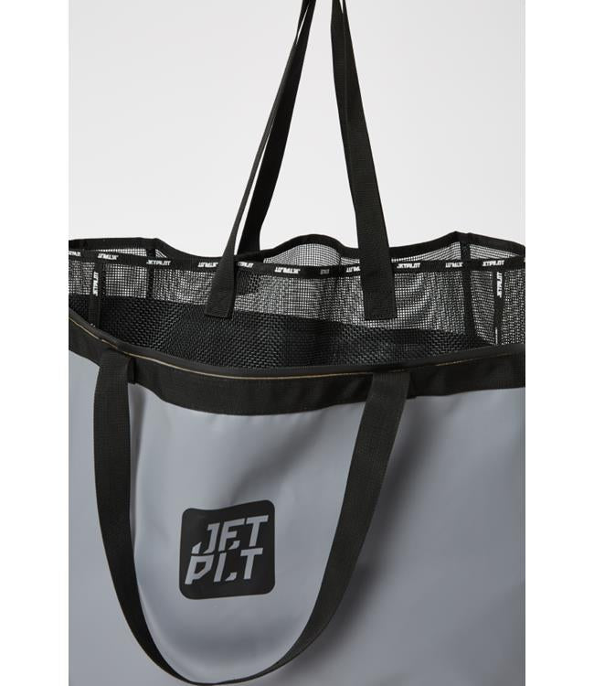 Jetpilot Venture 70L Grey Oversize Tote side angle showing external pocket and reinforced base