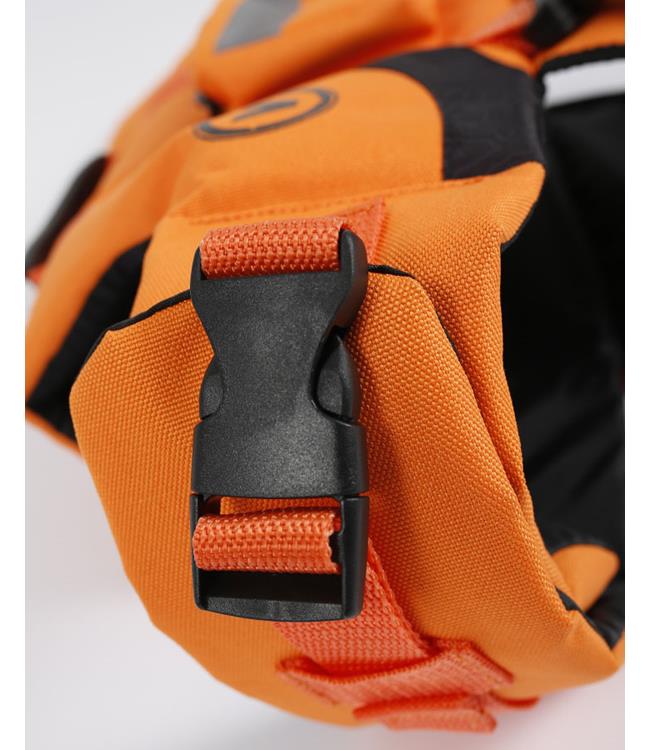 Jetpilot Venture Orange Dog Life Vest alternate front angle showing chest closure and trim fit