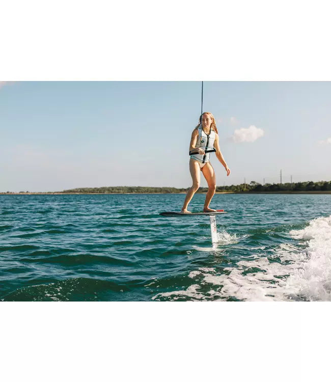 Ronix 727 Foil Rope and Handle - wide on-water shot of foiler using 77.5ft mainline behind tow boat