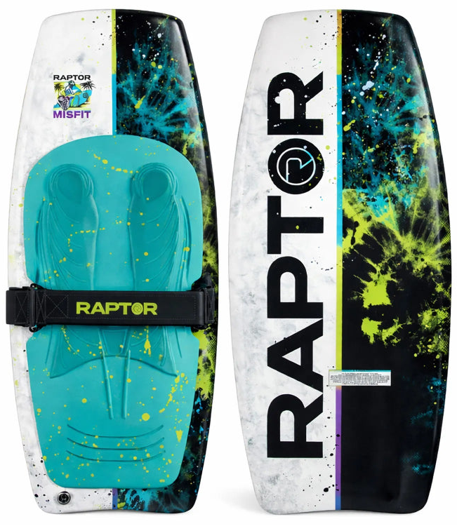 Front and back views of a Raptor Misfit wakeboard ski. The board features a white and black base with vibrant teal, lime green, and blue paint splatter designs.