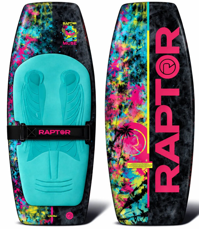 Two views of a Raptor Muad wakeboard ski: a front view showing a bright turquoise padded pad and black strap, and a side view with a black, pink, and multicolor tie-dye pattern and large pink Raptor branding.