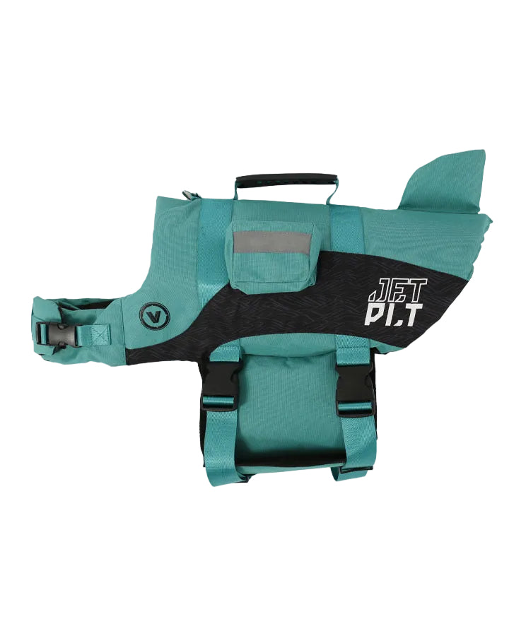 Jetpilot Venture Teal Dog Life Vest - front view showing 600D polyester construction with grab handle