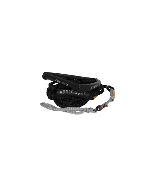 Ronix Spinner Carbon Surf Rope and Handle - angled view showing 3D moulded hide grip and inline swivel attachment