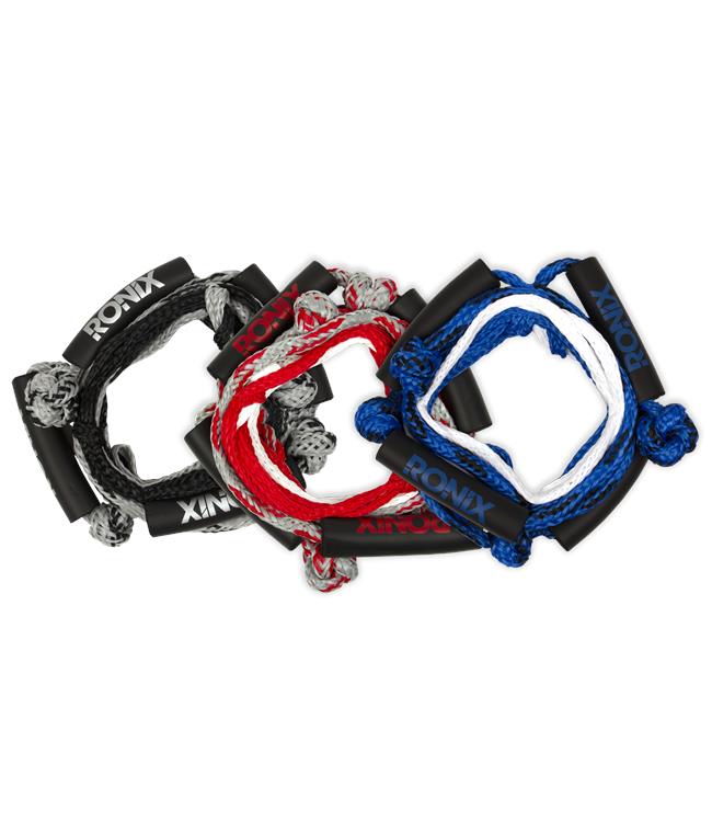 Ronix Wakesurf Rope No Handle - all colours laid out showing 25ft three-braided line with knots and foam floats