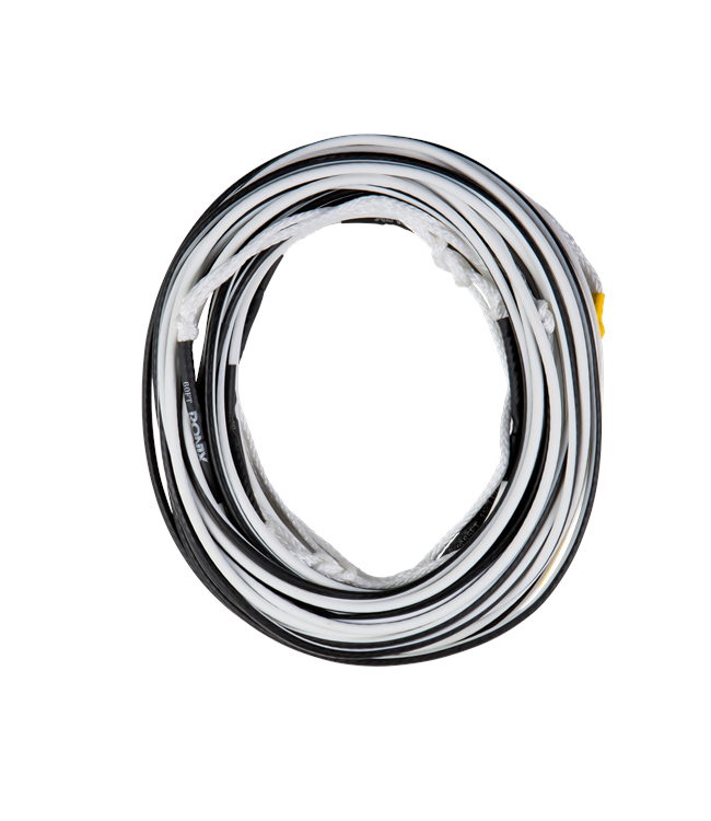 Ronix R8 Floating Mainline in White/Black - top-down view of complete rope laid flat
