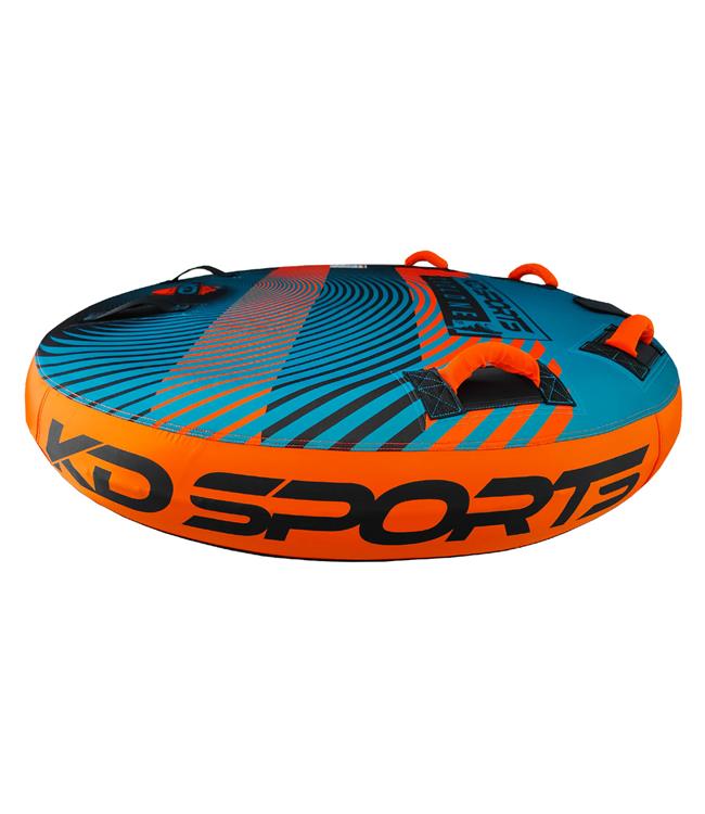 KD Cyclone 2-person flat deck ski tube - side profile showing soft-top deck and low-profile hull