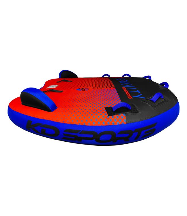 KD Gravity 3 3-person D-shape ski tube - side profile showing topside stabiliser fins on deck