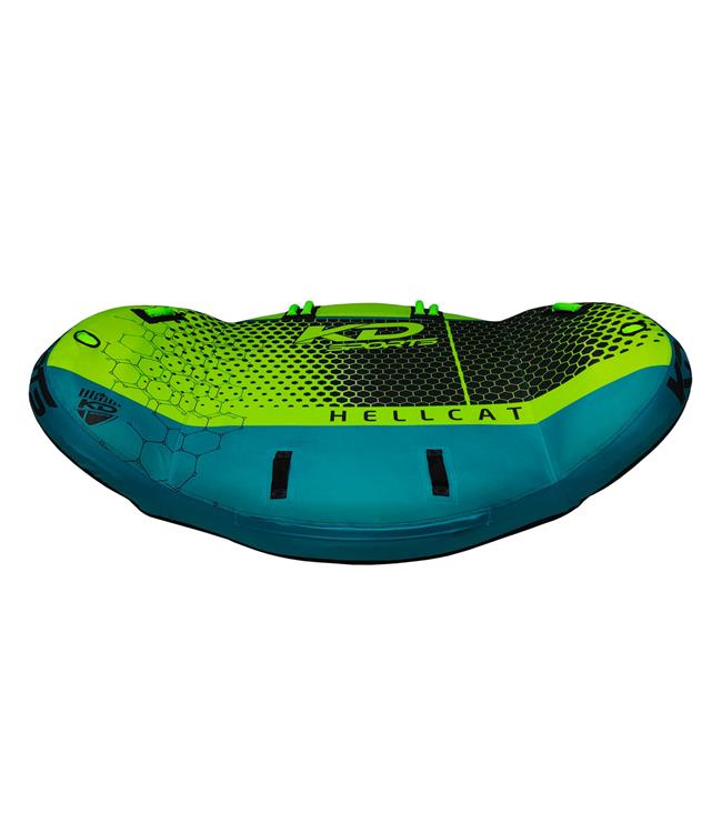 KD Hellcat 3-person swept-wing ski tube - tail view showing boarding straps on back