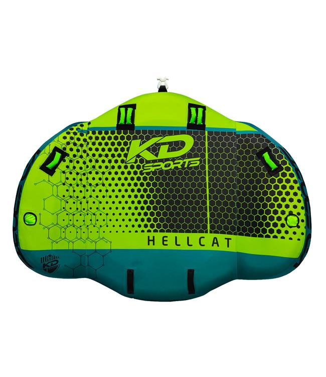 KD Hellcat 3-person swept-wing soft-top ski tube - top-down front view of full deck
