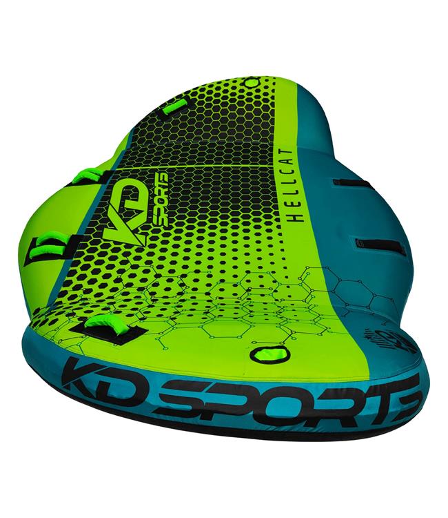 KD Hellcat 3-person swept-wing ski tube - alternate side angle showing eight soft-grip handles