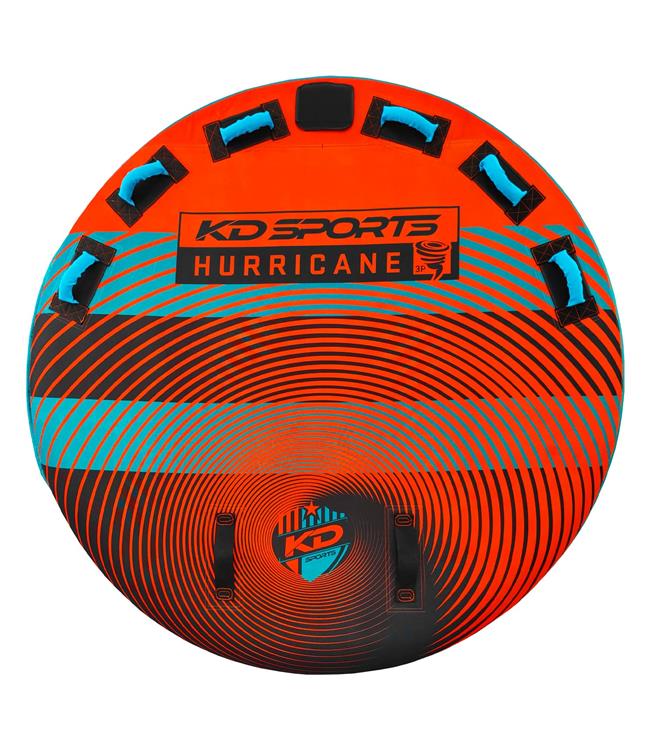 KD Hurricane 3-person flat deck soft-top ski tube - front view showing thin low-profile shape