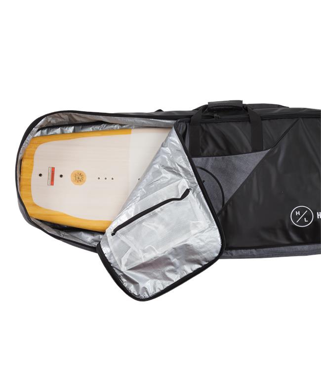 Hyperlite Producer Wakeboard Bag in Black – detail shot of the fin and accessory pouch and reinforced handle