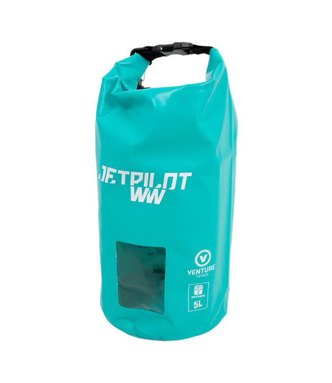 Jetpilot Venture 5L Teal Drysafe Bag front view showing roll-top closure and sealed-seam waterproof shell