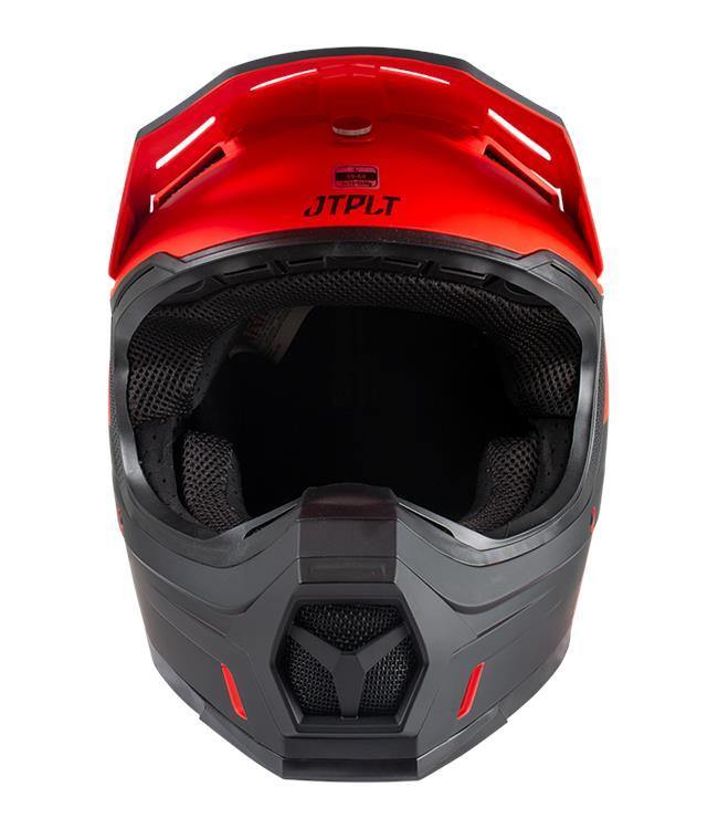 Jetpilot Vault Race Red Mens Helmet straight-on front view showing visor cut-out and chin strap routing