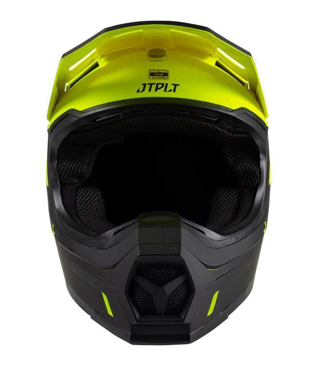 Jetpilot Vault Race Yellow Mens Helmet straight-on front view showing visor cut-out and chin strap routing