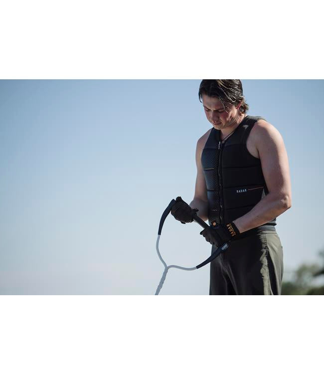 Radar Vapor Barlock Arc Grip 13" Slalom Handle - on-water action shot showing the handle in use